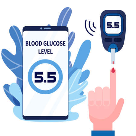 Human hand with blood drop and glucose testing meter with wireless data transfer to your smartphone. Mobile app and glucometer for diabetes testing. Flat vector concept of monitoring diabetes.のイラスト素材