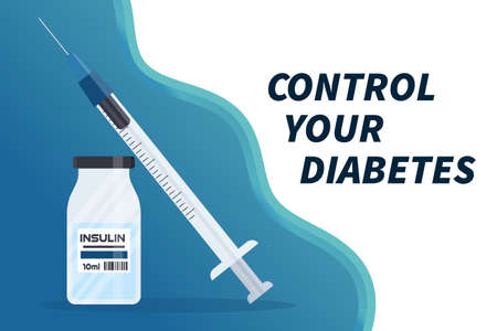 Diabetes flat vector elements insulin bottle and syringe in cartoon style. Diabetes equipment banner. Concept of healthcare, prevention, treatment and awarenessのイラスト素材