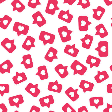 Vector seamless pattern with bright red social media like sign. Social network appreciate likes symbol, hearts, background. Simple trendy SMM backdrop.のイラスト素材