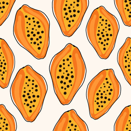 Tropical seamless pattern with papaya fruits. Background with orange pawpaw. Exotic fruit backdrop for textile, digital paper, fabric, prints, decorationのイラスト素材