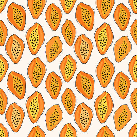 Tropical seamless pattern with papaya fruits. Background with orange pawpaw. Exotic fruit backdrop for textile, digital paper, fabric, prints, decorationのイラスト素材