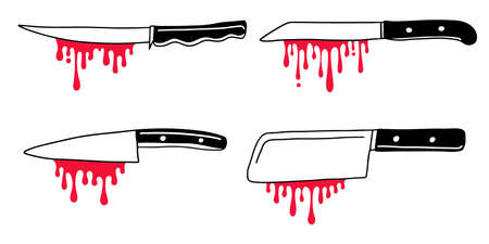 Scary hand drawn doodle kitchen knives with blood drips. Vector halloween illustration of meat cutting knife collection.のイラスト素材