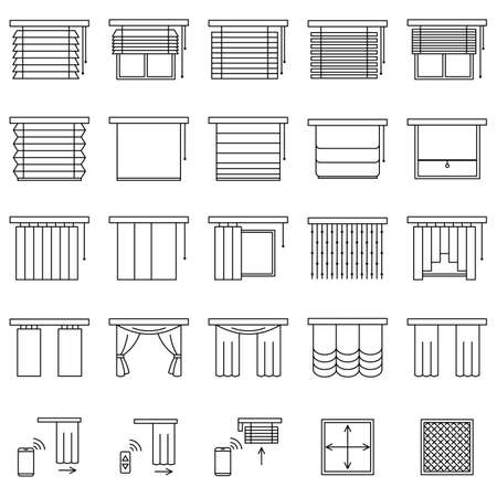 Window curtains, blinds and jalouise line icons set. Collection of different types of roller shutters, window sunblinds, mosquito net and remote control in outline styleのイラスト素材