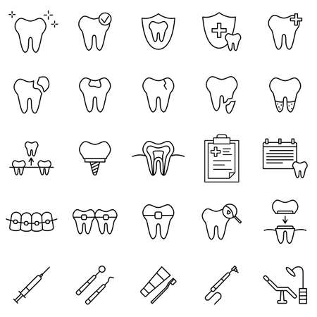 Dental medicine line icons set. Outline dentistry signs such as tooth, teeth treatment, mouth hygiene, oral health careのイラスト素材