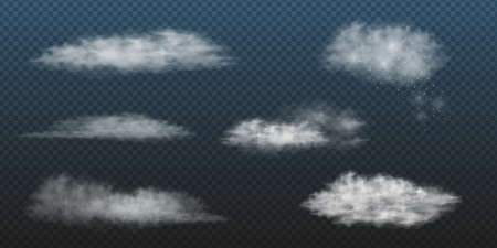 Realistic white clouds set. Vector collection of 3d smoke or fog. Natural cumulus clouds design elements on transparent background for weather forecast.のイラスト素材