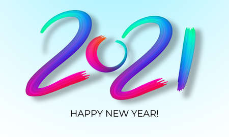2021 lettering colorful watercolor or oil paint brushstroke with shadow, vector illustration. Happy...