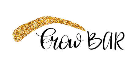 Brow bar hand drawn lettering with glitter silhouette of eyebrow. Vector calligraphy design for beauty salon, brow bar, fashion bloggingのイラスト素材