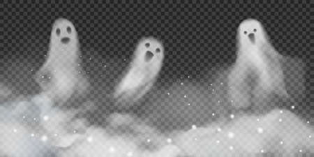 Set of realistic vector ghosts in fog. 3d smokes looking like night ghouls in mystic glittered smoke. Halloween illustration of scary poltergeist or phantomのイラスト素材