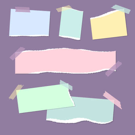 Realistic empty torn colored paper notes with sticky tape on purple background. Vector illustration...