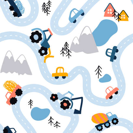 Seamless vector highlands road map pattern in scandinavian style. Landscape background with funny...