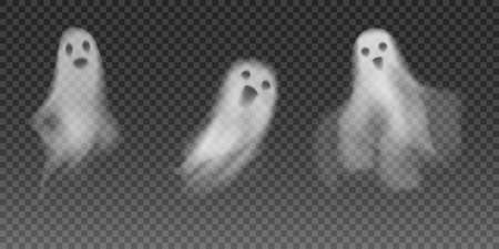 Set of realistic vector ghosts. 3d smokes looking like night ghouls. Halloween illustration of scary poltergeist or phantomのイラスト素材