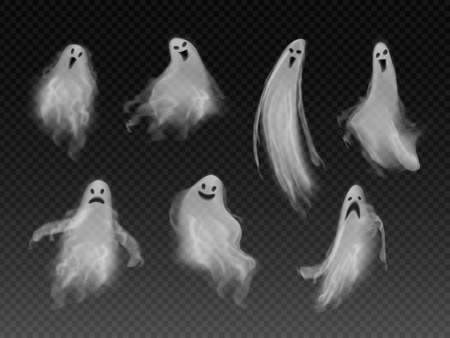 Set of realistic vector fog ghosts. 3d smokes looking like night ghouls. Halloween illustration of scary poltergeist or phantomのイラスト素材