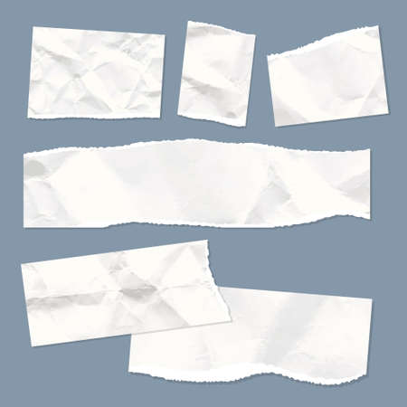 Realistic empty torn wrinkled paper notes on blue background. Vector illustration of ripped crumpled paper scraps. Square shreds of old notebook pagesのイラスト素材