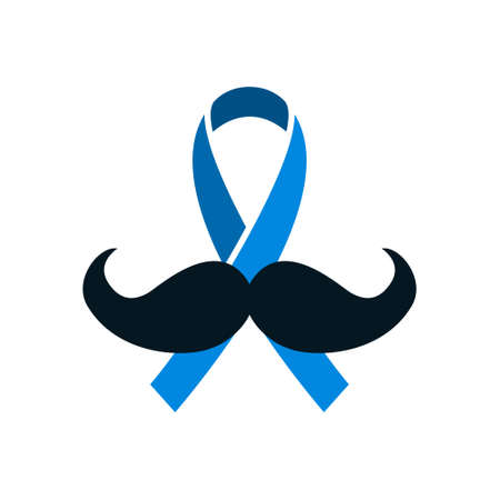 Prostate cancer blue ribbon with mustache in flat style. November awareness month symbol, vector illustration. Concept of prevention oncology and men healthのイラスト素材