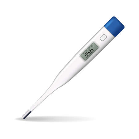 Realistic digital thermometer. Safe electronic medical thermometer device with normal 36.6 temperature. Tool for body heat measure. Vector illustrationのイラスト素材