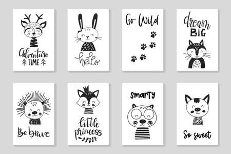 Set of cute handdrawn monochrome animals in scandinavian style with inspiration lettering. Vector illustration templates for nursery poster, inspiration print, invitation card design or gift tagのイラスト素材