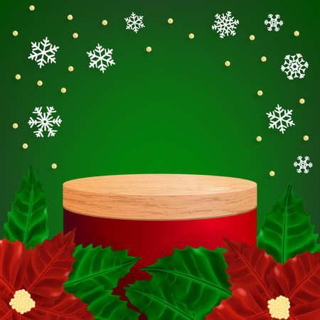 Realistic round display podium mockup. Christmas red scene with snowflakes, poinsettia leaves and cylinder platform for product show. Vector illustration of pedestal for xmas giftのイラスト素材