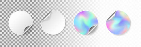 Round empty stickers with rolled corner and shadow. Realistic blank white and iridescent promotional labels with curled edge. Adhesive circle price tag mockup. Vector illustrationのイラスト素材