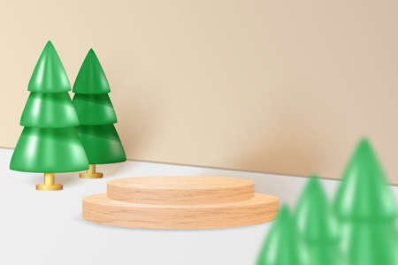 Realistic wood podium on modern beige background with christmas trees. Winter xmas pastel 3d scene with blank cylinder pedestal for product show. Modern creative platform vector template mockupのイラスト素材