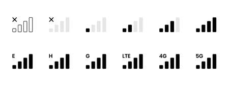 Signal reception bar collection of vector illustration. Mobile phone connection level icons. No signal, bad, lte, 4g and 5g network status. Strength indicator for interface, web app, uiのイラスト素材