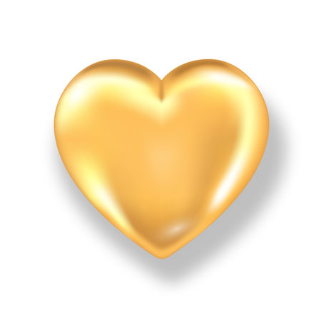 Golden shiny 3d heart with shadow isolated on white background. Valentines day glossy gold metal heart. Realistic vector illustration of love symbol. Romance decoration objectのイラスト素材