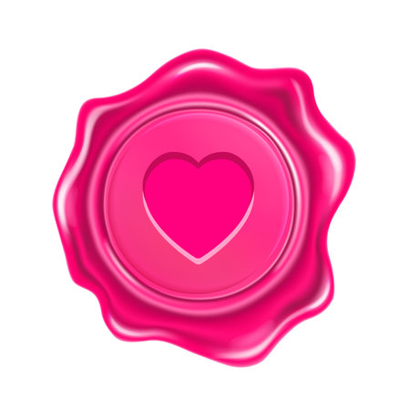 Pink wax seal with heart isolated on transparent background. Realistic round retro stamp for postcard, love letter, gift certificate or wedding invitation card. Vector illustration. Concept of loveのイラスト素材