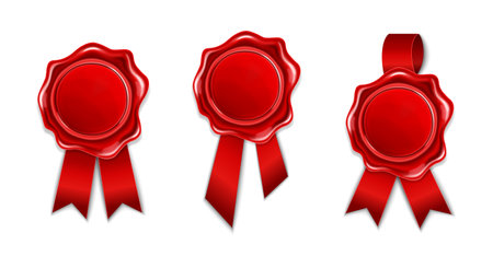 Collection of red wax seal with ribbon isolated on white background. Realistic round retro stamp for document, envelope, letter or banner. Concept of quality, guaranty mark. Vector illustrationのイラスト素材