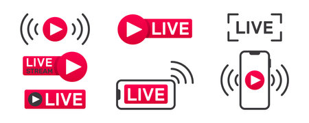 Collection of live streaming icons. Buttons for broadcasting, livestream or online stream. Template for tv, online channel, live breaking news, social mediaのイラスト素材