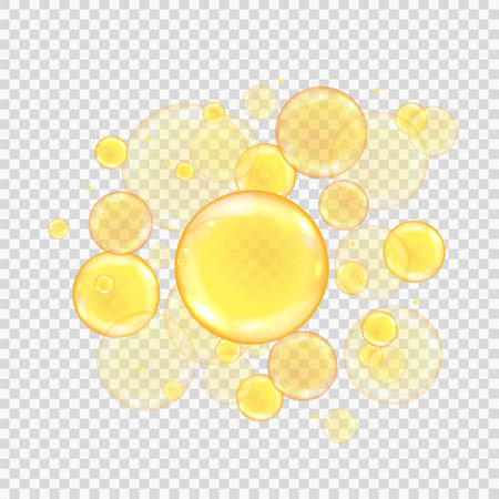 Oil golden bubbles isolated on transparent background. Realistic gold collagen balls. Oily vitamin serum droplets. Cosmetic essential beauty drink. Vector illustration of olive blend emulsionのイラスト素材