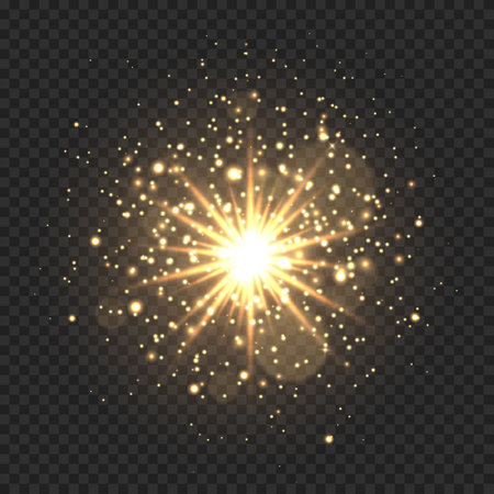 Star burst with sparkles and bokeh. Golden light flare effect with stars, sparkles and glitter isolated on transparent background. Vector illustration of shiny glow star with stardust, gold lens flareのイラスト素材