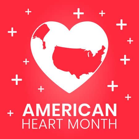 February is American Heart Month banner design template. Vector illustration of stylized heart with USA map silhouette. Concept of awareness from heart problem and blood vessel diseaseのイラスト素材