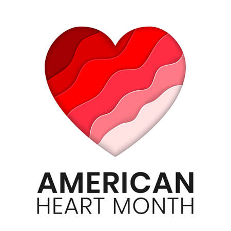 American Heart Month banner design template. Vector illustration of stylized paper cut heart. Concept of awareness from heart problem and blood vessel disease. Celebrate annual in Februaryのイラスト素材