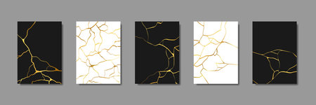 Collection of gold kintsugi cover design templates. Golden crackle texture background. Luxury broken marble stone pattern for wedding invitation, card, flyer or social mediaのイラスト素材