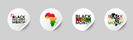 Collection of Black History Month stickers with rolled up corners. Set of realistic round labels with curled edge, design element for national holiday celebration.のイラスト素材