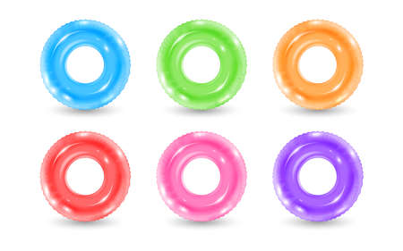 Collection of inflatable rubber rings. Realistic swimming water park or pool lifebuoy. Vector illustration of realistic beach leisure swim ring toys. Concept of safety on summer vacationのイラスト素材