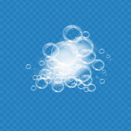 Bath foam with soap bubbles isolated on transparent background. Realistic soap sud texture. Vector illustration of shampoo, gel or facial mousse lather top viewのイラスト素材