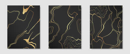 Collection of gold kintsugi on dark backdrop cover design templates. Golden crackle texture background. Luxury broken marble stone pattern for wedding invitation, card, flyer or social mediaのイラスト素材