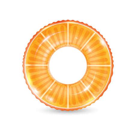 Inflatable ring looking like orange isolated on white background. Realistic colorful rubber swimming buoy. Vector illustration of top view at pool floater in fruit shape, beach toyのイラスト素材