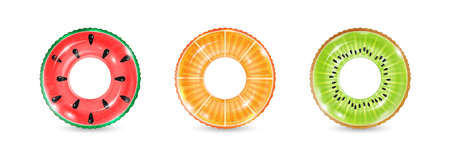 Inflatable rings looking like kiwi, orange and watermelon isolated on white background. Realistic colorful rubber swimming buoy. Vector illustration of top view at pool floater in fruit shapeのイラスト素材