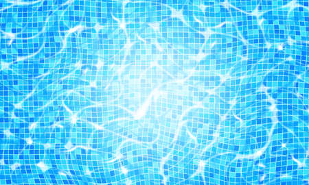 Swimming pool water background with caustic ripple and sunlight glare effect. Aquatic surface with waves backdrop. Vector illustration of underwater bottom texture, top viewのイラスト素材