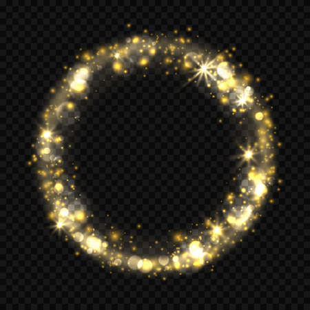 Round shiny starburst effect with sparkles, bokeh Golden light flare effect with stars, sparkle and glitter isolated on transparent background. Vector illustration of circle frame with stardustのイラスト素材