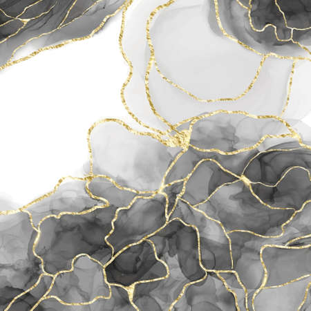 Abstract black liquid watercolor background with golden crackers. Dark marble alcohol ink drawing effect. Vector illustration design template for wedding invitationのイラスト素材