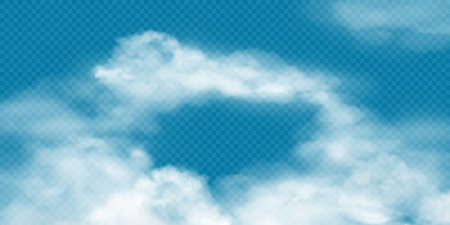 Realistic white cumulus clouds on transparent background. Vector illustration of 3d smoke or fog. Natural mist design element with empty space, cloud blanket effect over cityscapeのイラスト素材