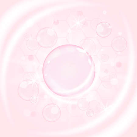 Pink collagen bubble, shiny oil vitamin capsule. Realistic water serum droplet design template for advertisement. Vector illustration of rose serum beauty emulsion or hyaluronic acid skin moisturizerのイラスト素材