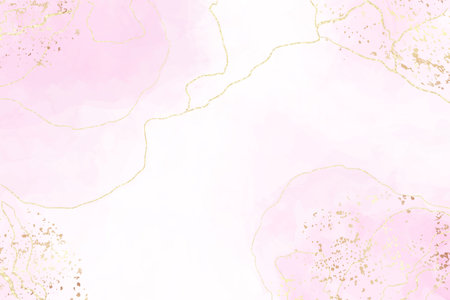Abstract pink liquid watercolor background with golden crackers. Pastel marble alcohol ink drawing effect. Vector illustration design template for wedding invitationのイラスト素材