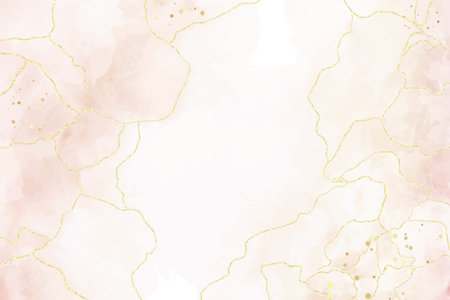 Abstract dusty blush liquid watercolor background with golden crackers. Pastel marble alcohol ink drawing effect. Vector illustration design template for wedding invitationのイラスト素材