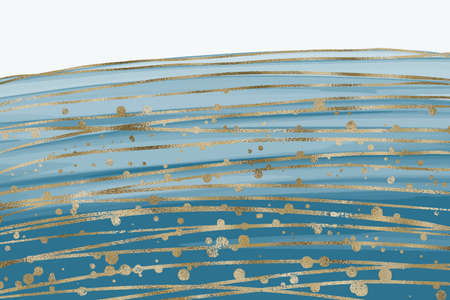 Abstract luxury liquid marble blue watercolor background with gold glitter. Agathe marbled wave splash backdrop with golden dots and lines. Vector illustration of design template for wedding decorのイラスト素材