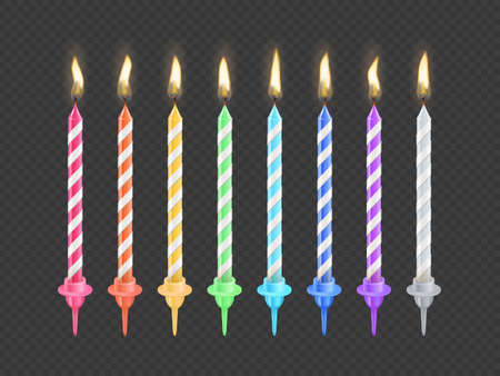 Birthday cake candles with burning flame isolated on transparent background. Realistic festive flickered candlelight from colored holiday party wax candles. Vector 3d illustration of design elementのイラスト素材