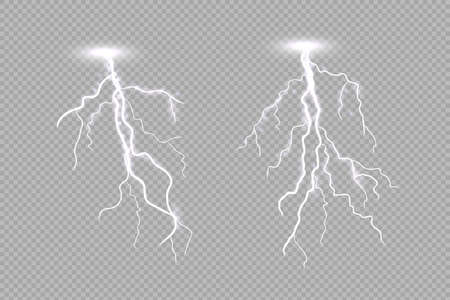 Realistic lighting thunderstorm isolated on light transparent background. Thunderbolt flare effect....