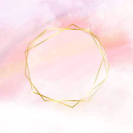 Pink watercolor cotton cloud background with golden frame. Pastel fantasy sky backdrop template for wedding invitation, greeting card, banner or flyer. Vector illustration of fluffy candy cloudsのイラスト素材